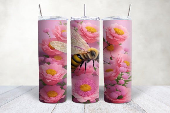 3D Pink Flowers Bee Honeycomb Tumbler Design